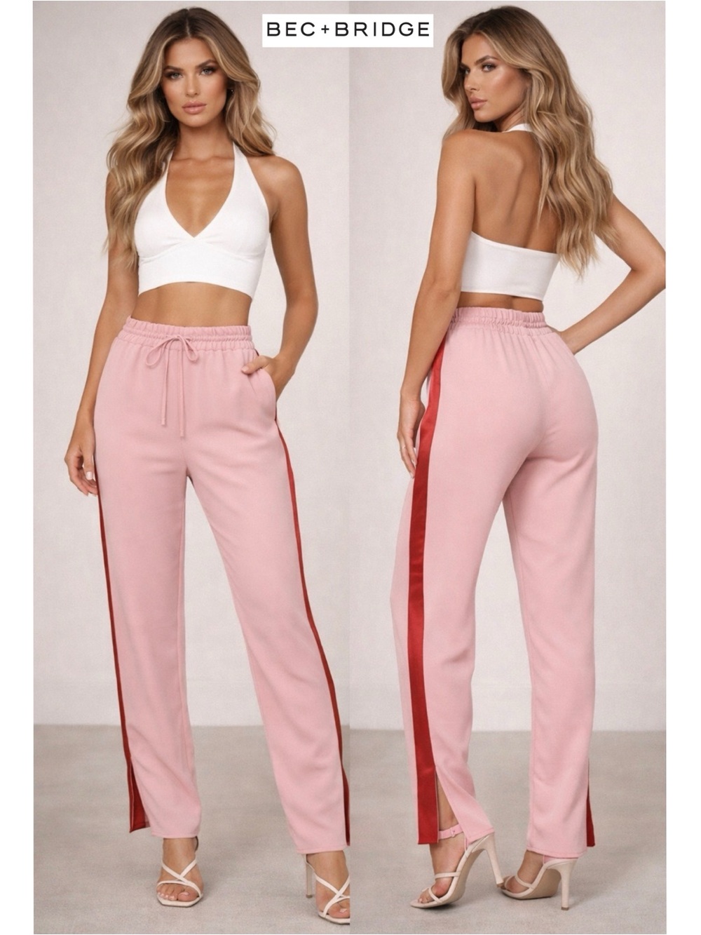 BEC + BRIDGE Silk Contrast Stripe Lounge Pants Pink Red NWT Size AUS 8 / US 4